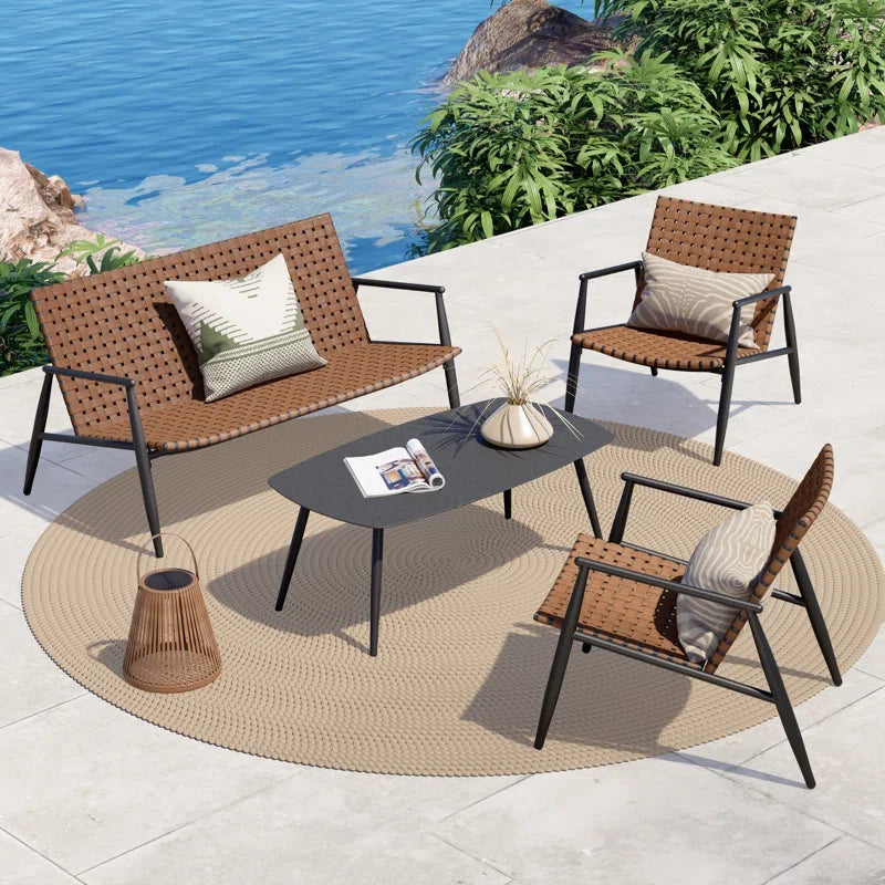 4-Piece Vintage Brown Wicker Outdoor Furniture Set – Leather-Look Patio Conversation Set with Loveseat, Chairs & Coffee Table