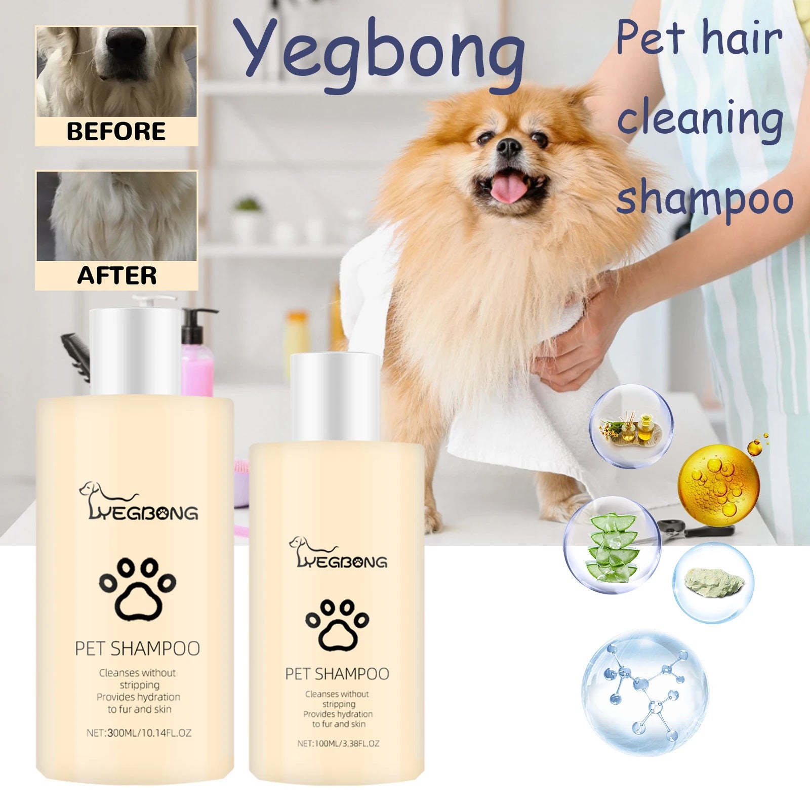Yegbong Pet Hair Cleaning Shampoo – Stain & Mite Removal, Anti-Itch Deodorizing Shampoo for Cats & Dogs, Smooth Coat Care