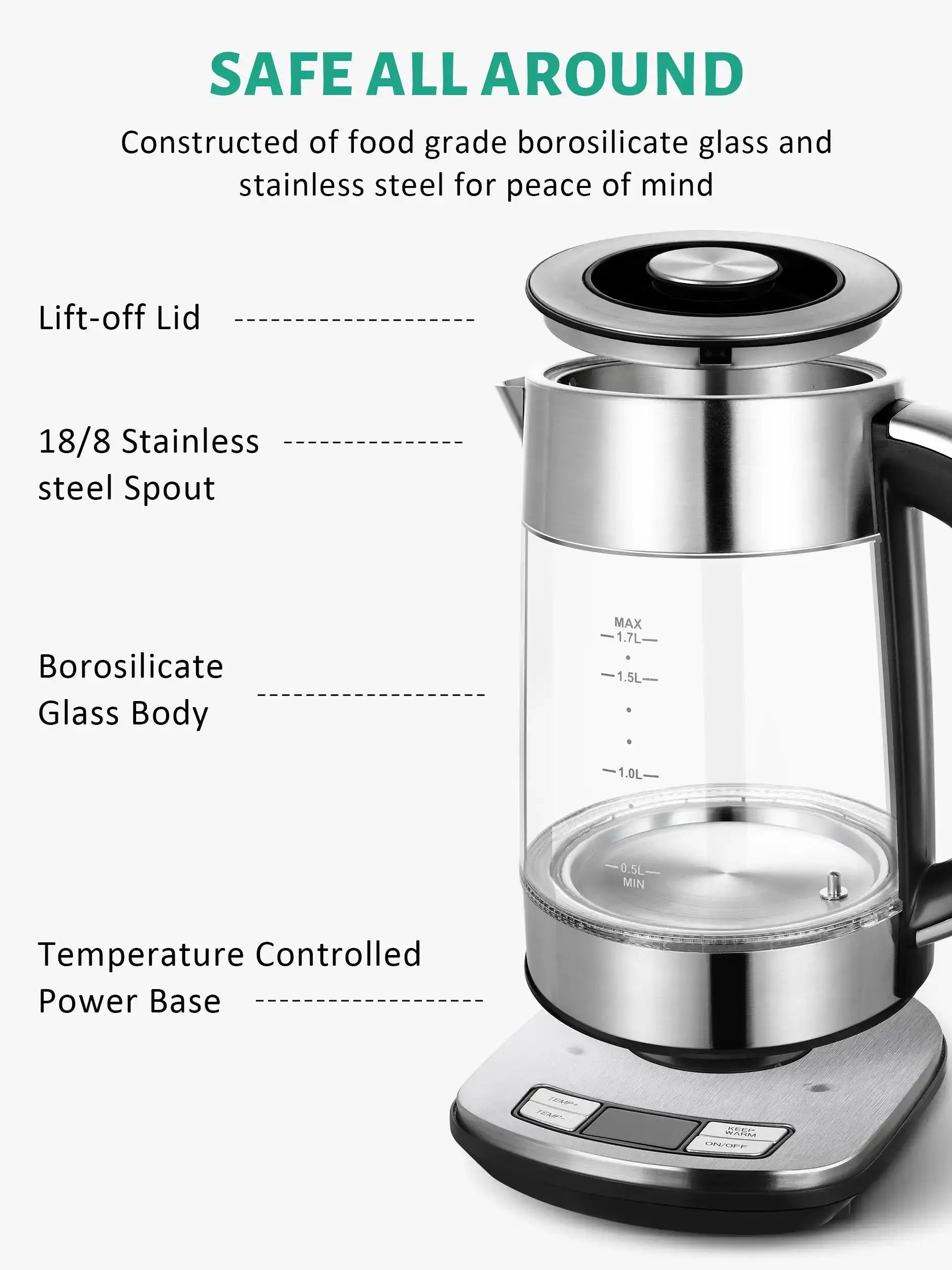 Cachoo 1.7 L Electric Glass Kettle with Temperature Control & Removable Infuser