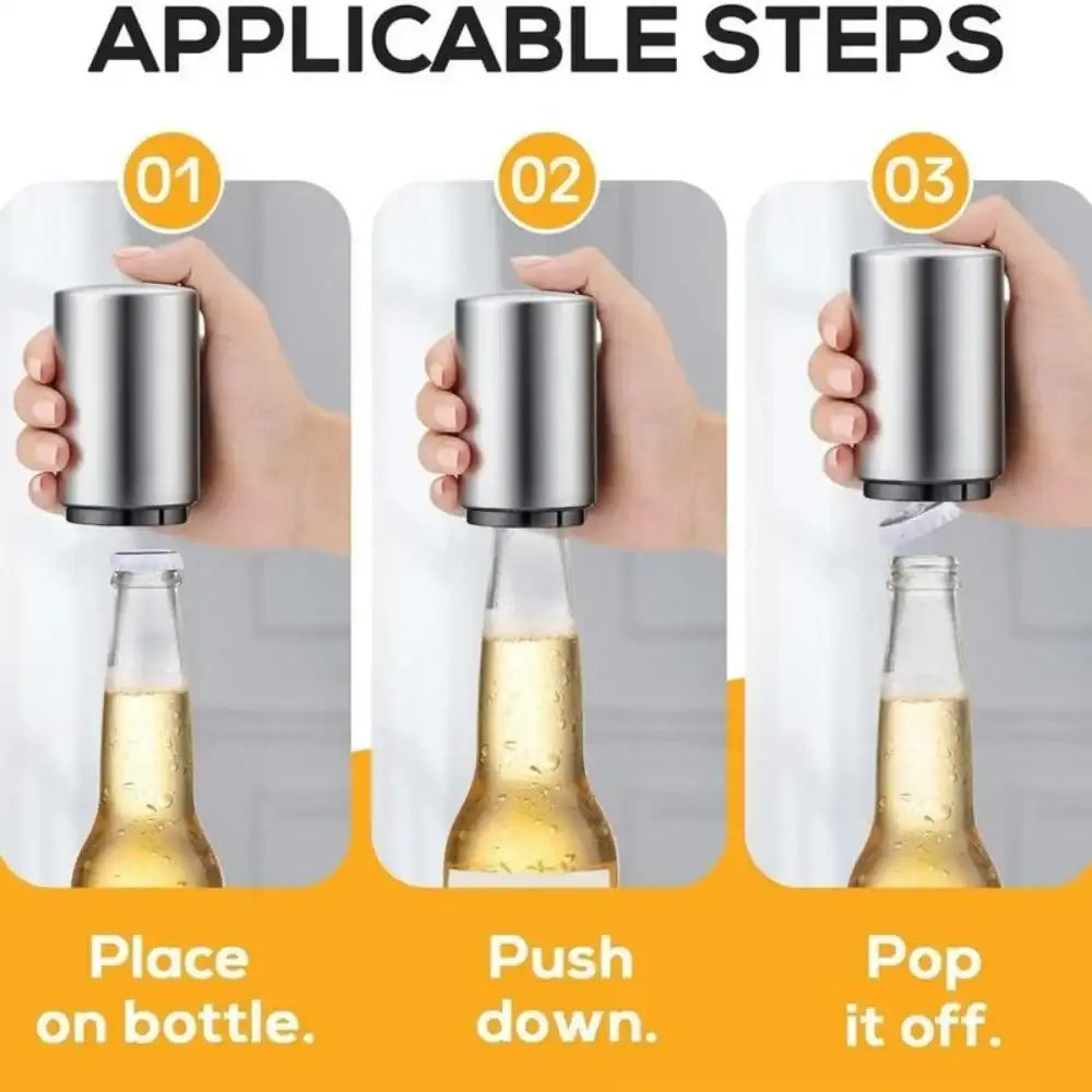 “Stainless Steel Automatic Beer Bottle Opener – Push Down Quick-Release Cap Remover, Portable Bar Tool”