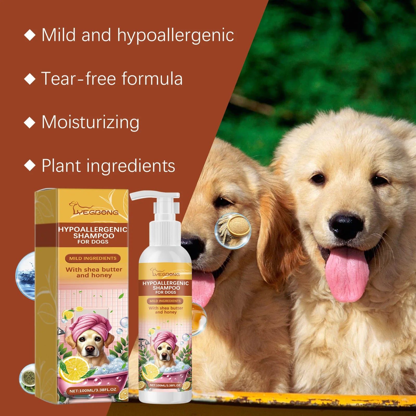 Yegbong Pet Shampoo 100ml – Hypoallergenic Dog Bath Wash, Hair Softening & Itchy Skin Relief, Nourishing Fur Cleanser