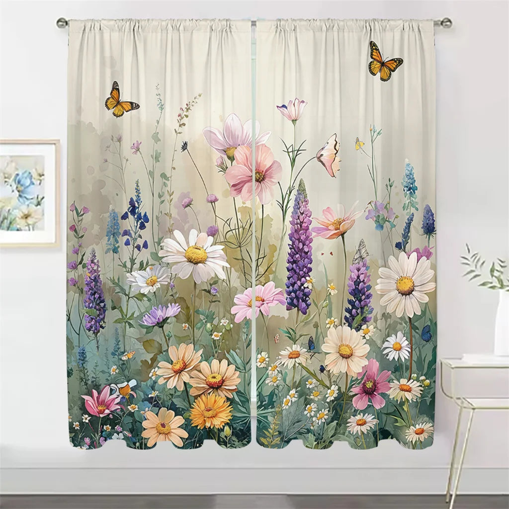 2-Panel Pastoral Floral Curtains – 3D Butterfly & Wildflower Pattern Drapes for Living Room, Bedroom & Balcony