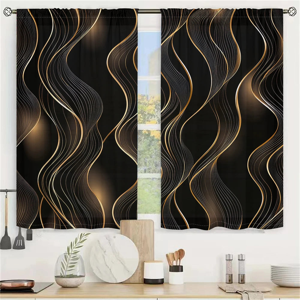 2-Panel Modern Art Curtains – 3D Black & Gold Streamline Pattern Drapes for Living Room, Bedroom & Balcony