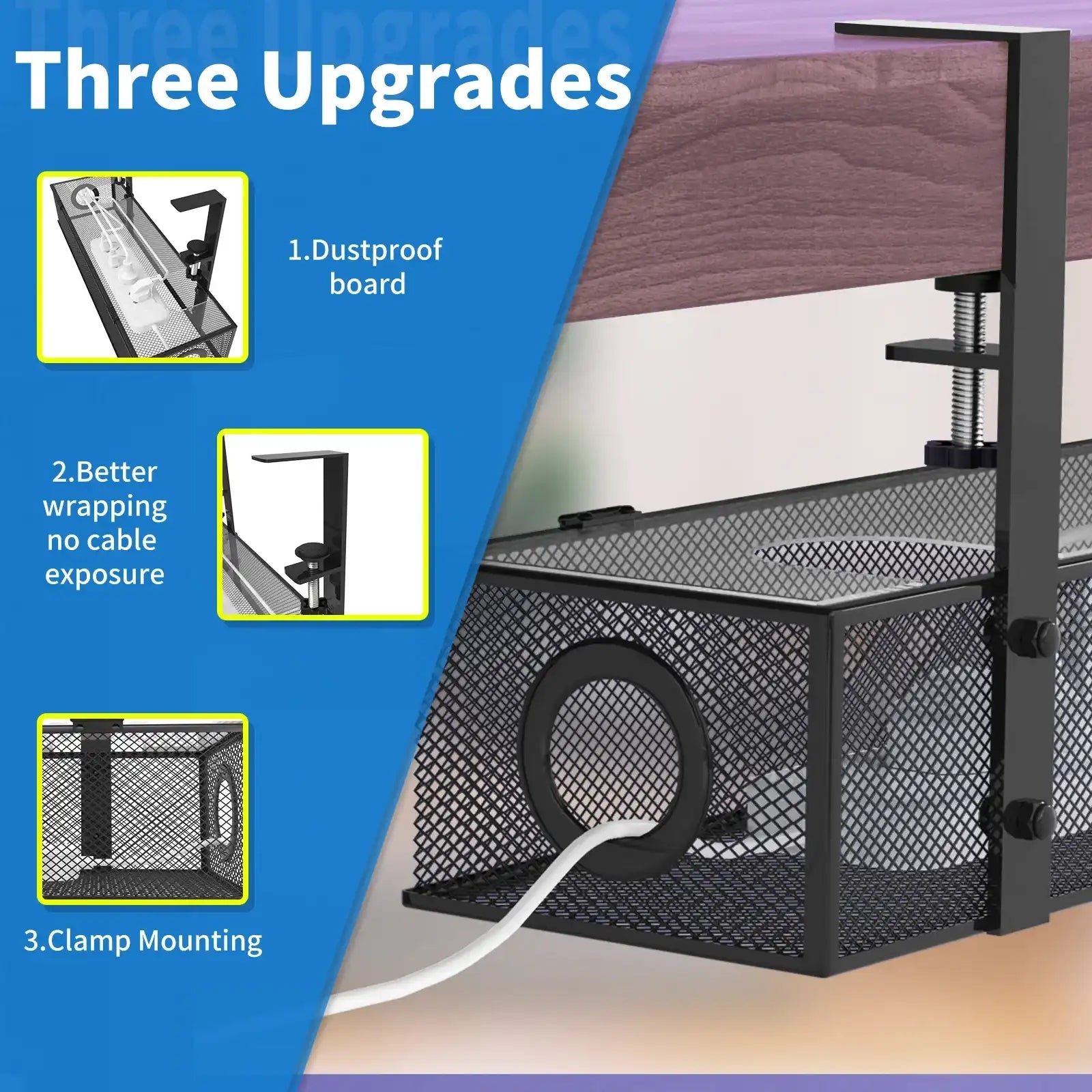 Under-Desk Cable Management Tray – Clamp-Mount Wire Organizer Box for Desk Cord Control