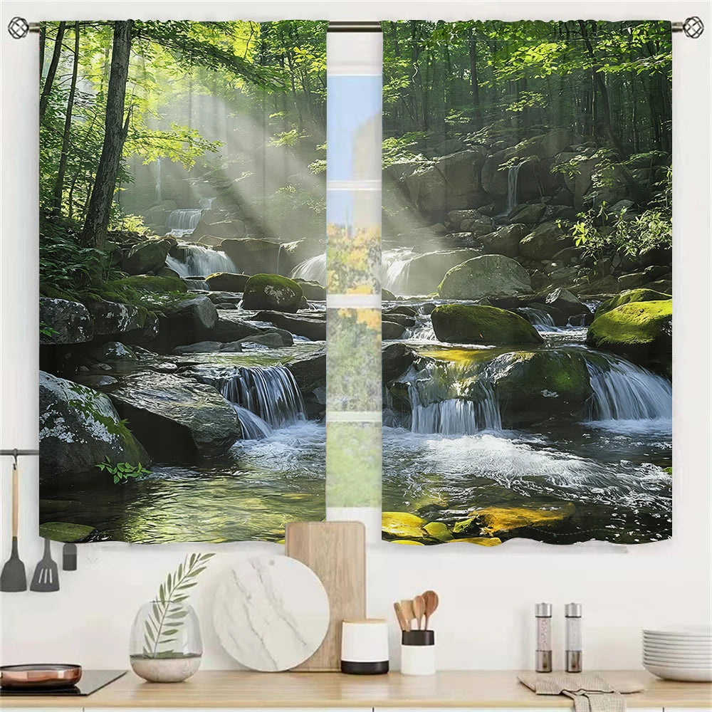 2Pcs Mountain Stream Curtains – 3D Sunlight Forest Pattern, Living Room & Bedroom Nature Decor