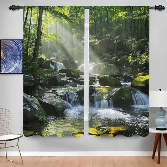 2Pcs Mountain Stream Curtains – 3D Sunlight Forest Pattern, Living Room & Bedroom Nature Decor