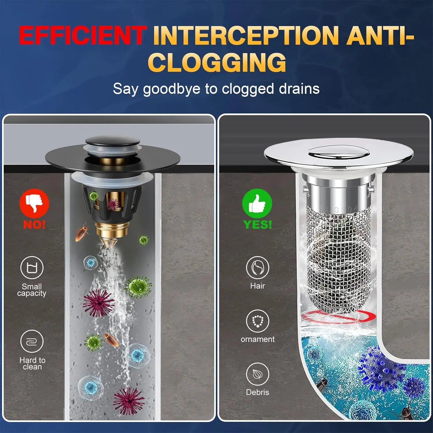 Pop-Up Bathroom Sink Drain Strainer Filter – Removable Stainless Steel Basket Hair Catcher