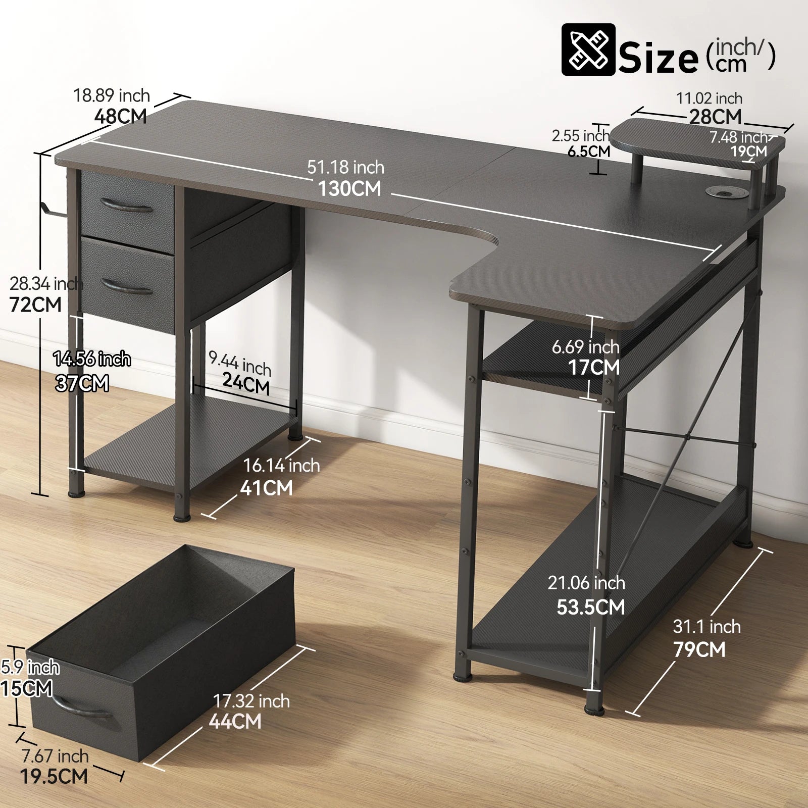 L-Shaped Gaming Desk with Drawers – Carbon Fiber Computer Desk with Monitor Arm for Home Office & Gaming Setups