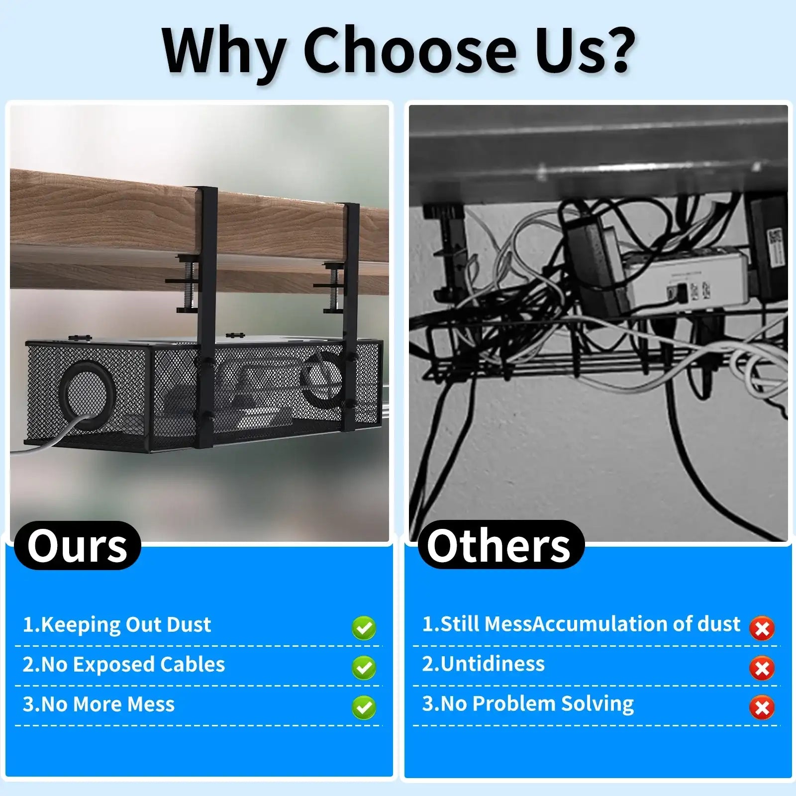 Under-Desk Cable Management Tray – Clamp-Mount Wire Organizer Box for Desk Cord Control