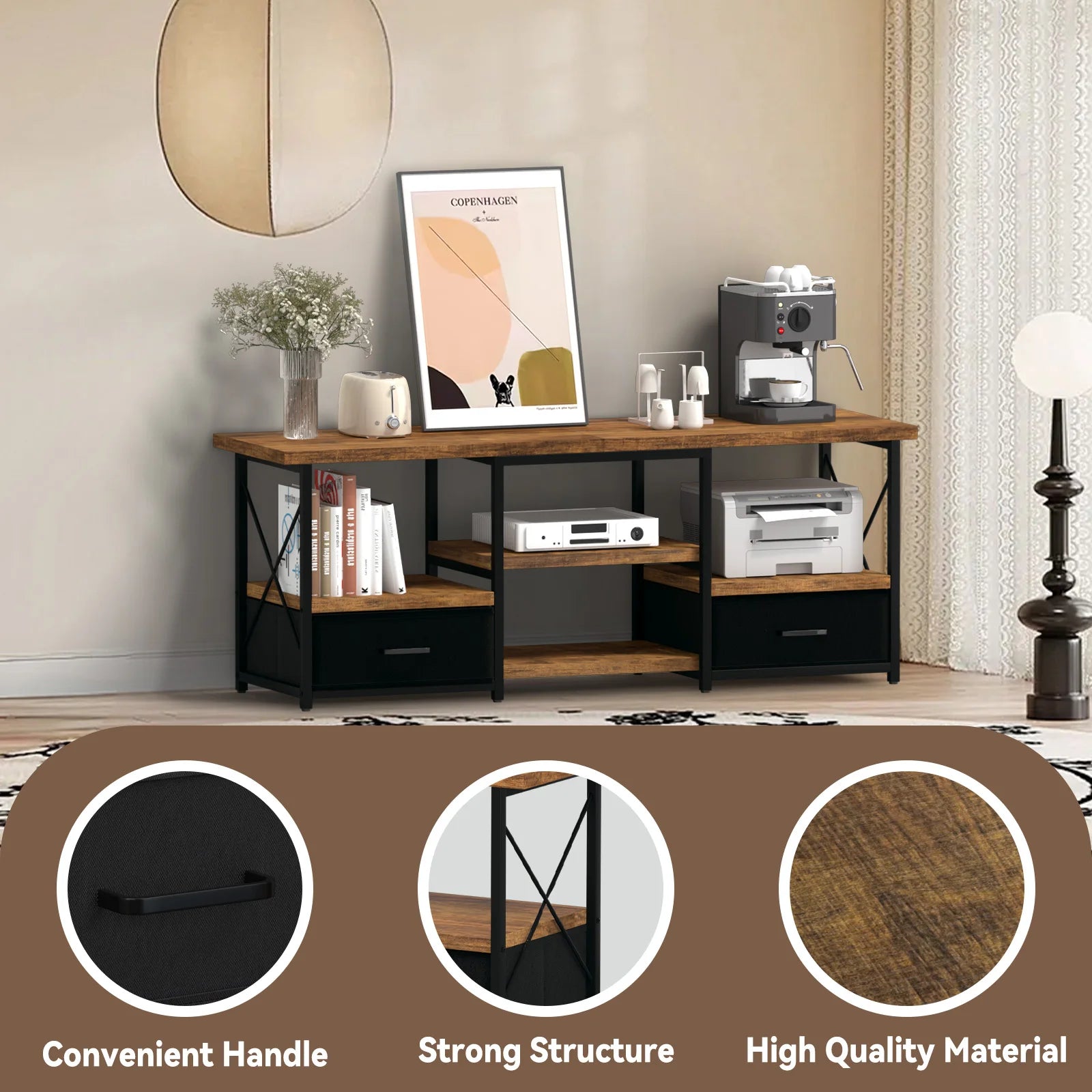 55″ TV Stand with Fabric Drawers – Black Finish Entertainment Console