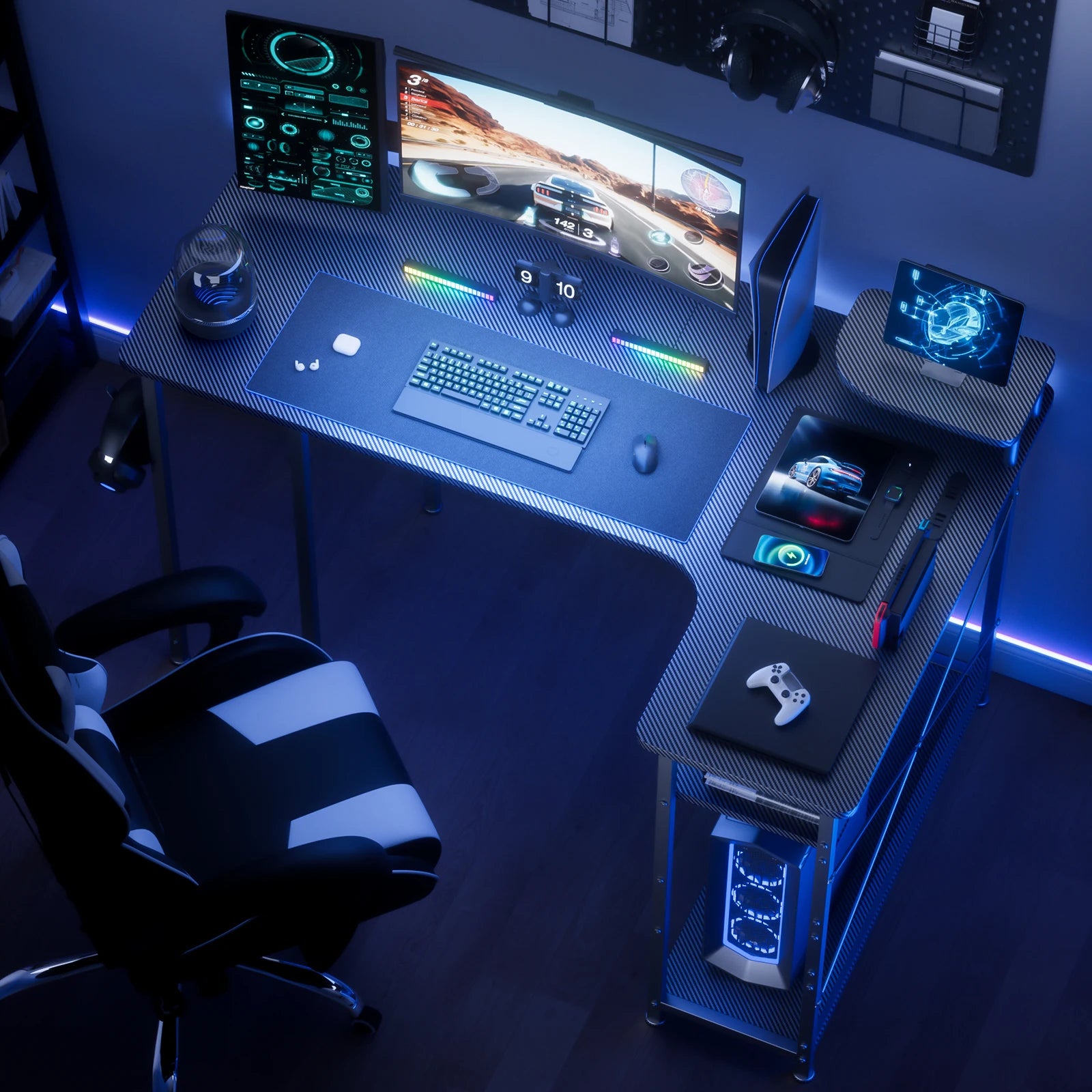 L-Shaped Gaming Desk with Drawers – Carbon Fiber Computer Desk with Monitor Arm for Home Office & Gaming Setups