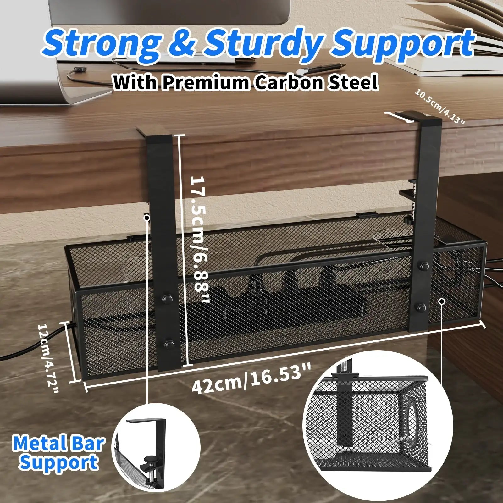 Under-Desk Cable Management Tray – Clamp-Mount Wire Organizer Box for Desk Cord Control