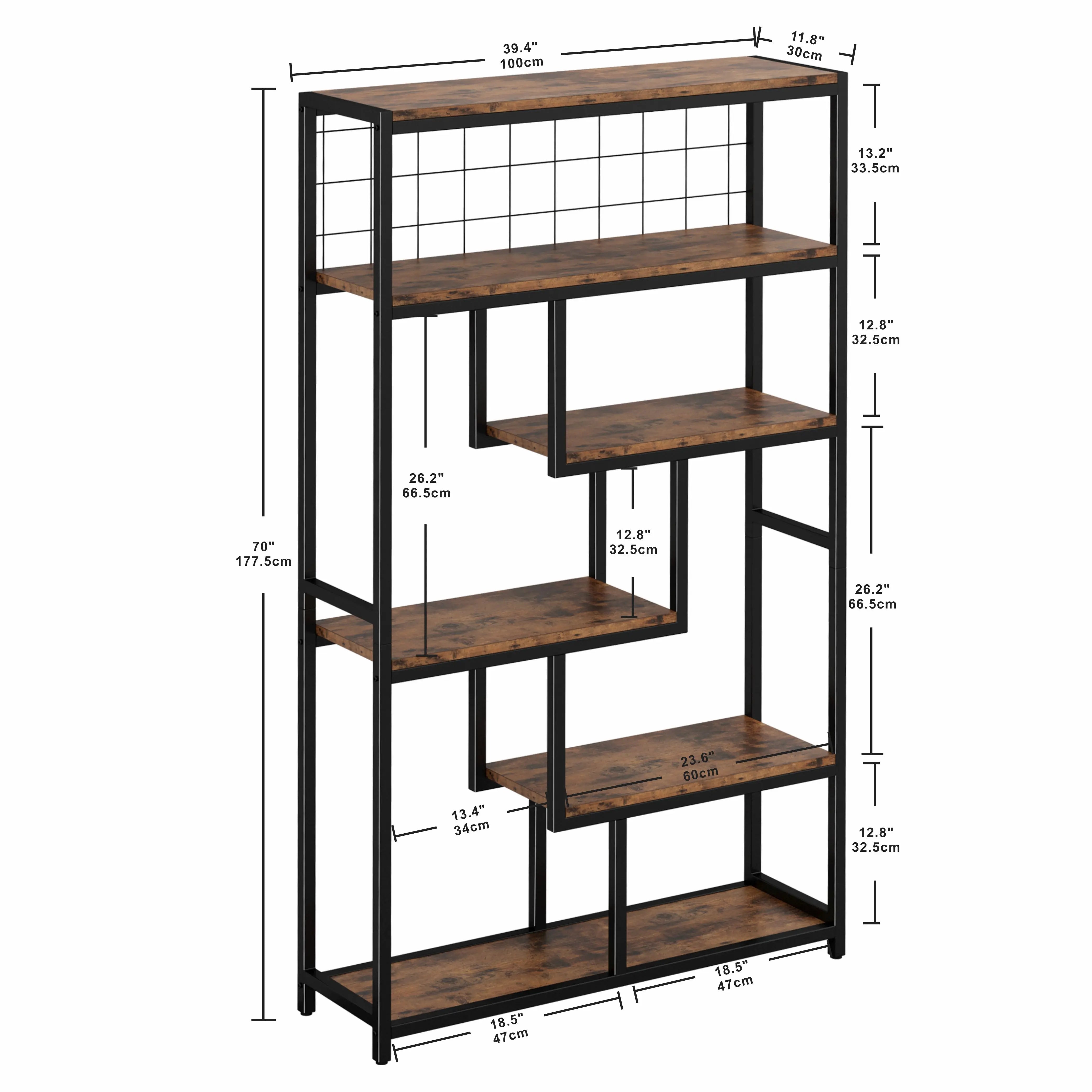 Industrial 6‑Shelf Etagere Bookcase – Geometric Open Display with Sturdy Metal Frame