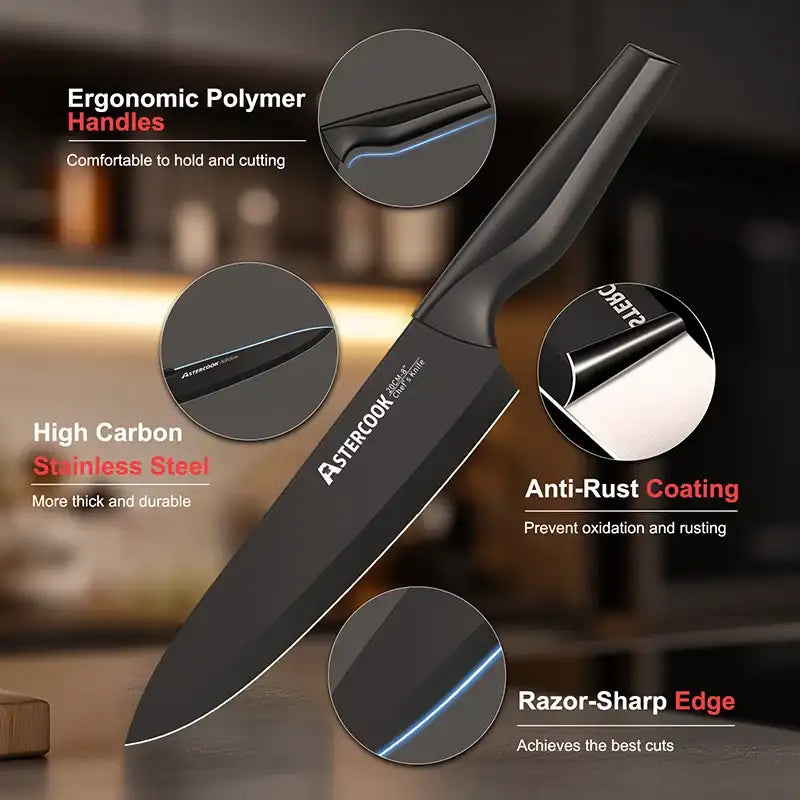 15-Piece German Stainless Steel Kitchen Knife Set with Block & Built-in Sharpener – Dishwasher Safe