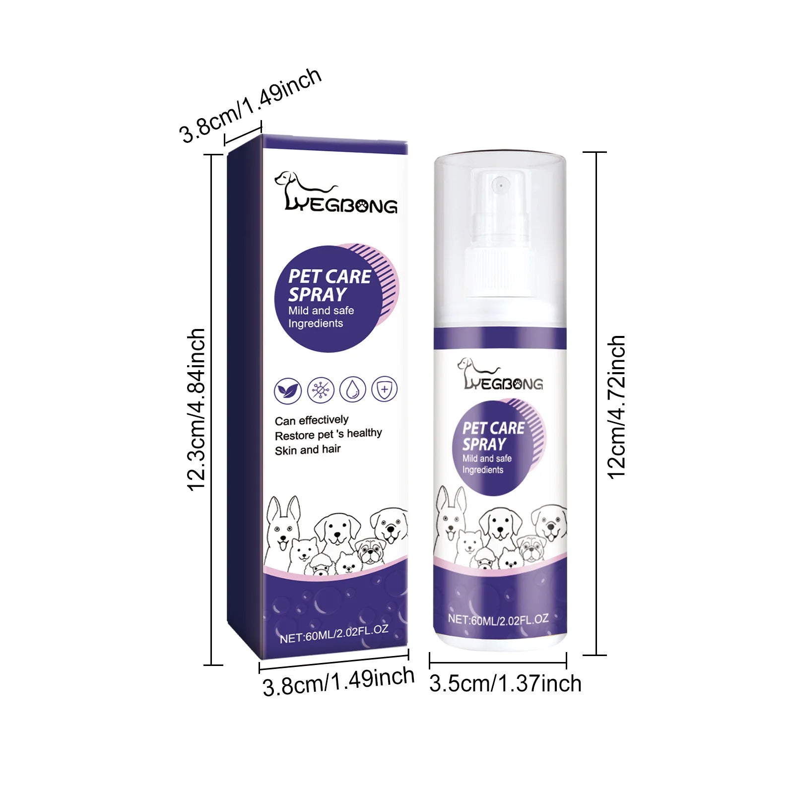 Yegbong Pet Wound Care Spray – 60ml Healing Spray for Cats & Dogs, Anti-Itch, Skin Repair & Odor Removal Treatment