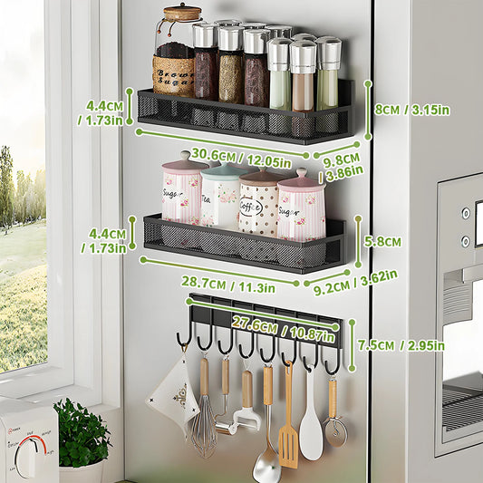 Magnetic Spice Rack for Refrigerator – 3-Pack Magnetic Shelf with 8‑Hook Rack, Moveable Fridge Organizer 🧂🧲