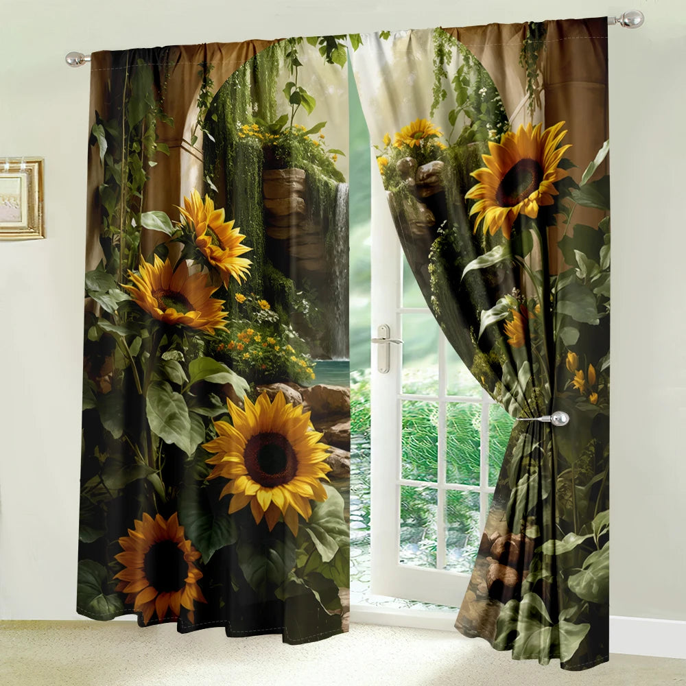 2-Panel Forest Waterfall Drapes – 3D Sunflower & Stream Pattern Curtains for Living Room, Bedroom & Balcony Sun-Shade