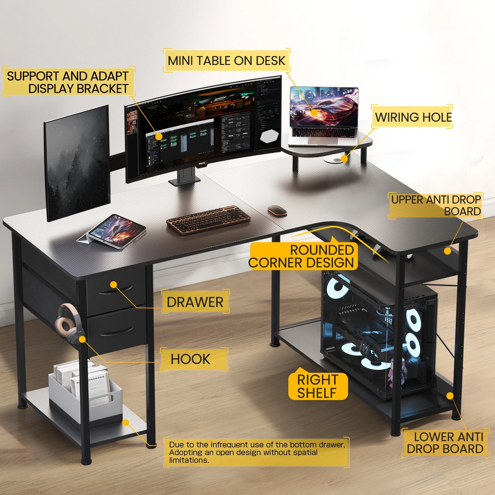 L-Shaped Gaming Desk with Drawers – Carbon Fiber Computer Desk with Monitor Arm for Home Office & Gaming Setups