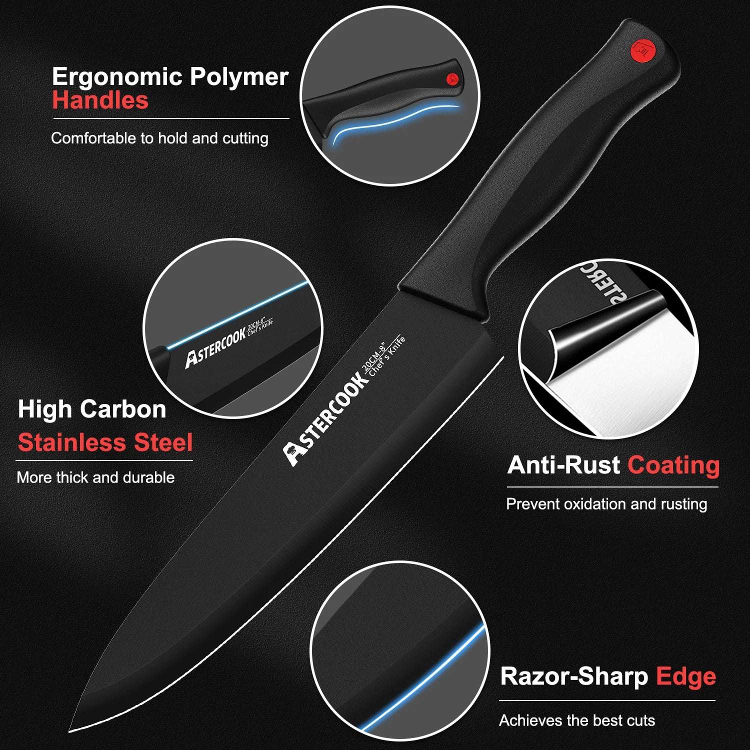 “15-Piece Astercook Knife Set with Block – German Stainless Steel Kitchen Knives Dishwasher Safe with Built-in Sharpener”