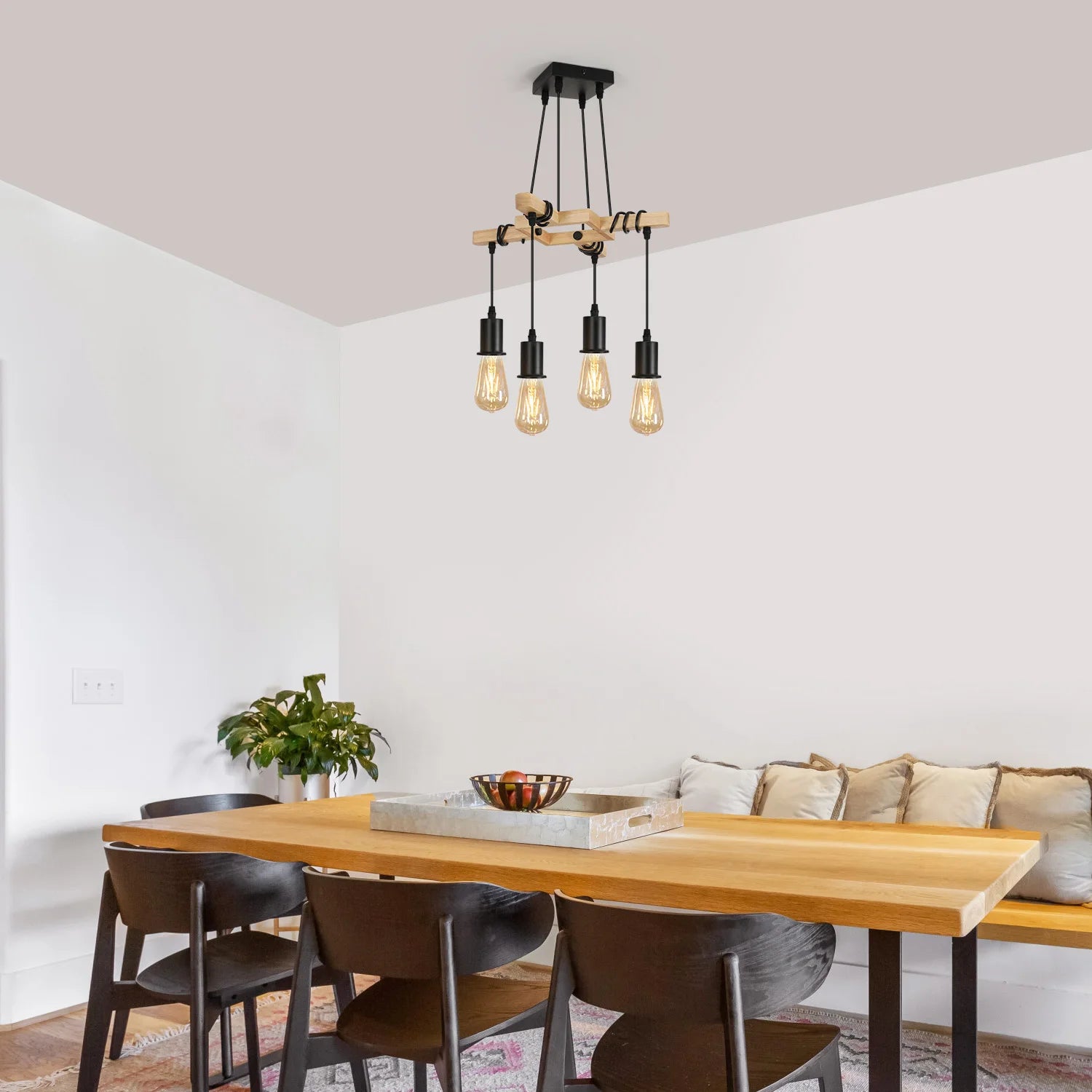Industrial Modern Vintage Hanging Lamp – Wooden Pendant Style with Adjustable E27 Iron Rope Swag Lighting