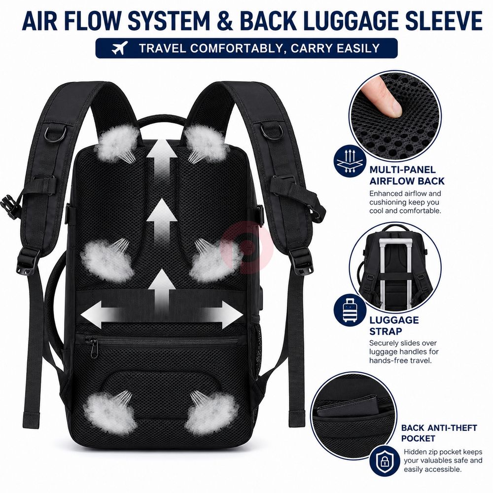 25L Airplane-Approved Travel Backpack with Shoe Pouch & 15.6-Inch Laptop Compartment