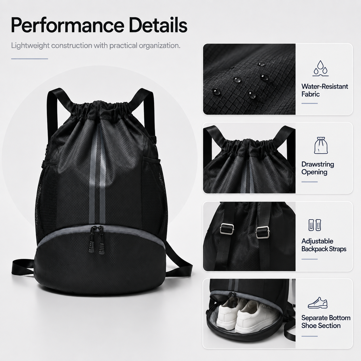 Lightweight Drawstring Gym Backpack with Separate Shoe Compartment