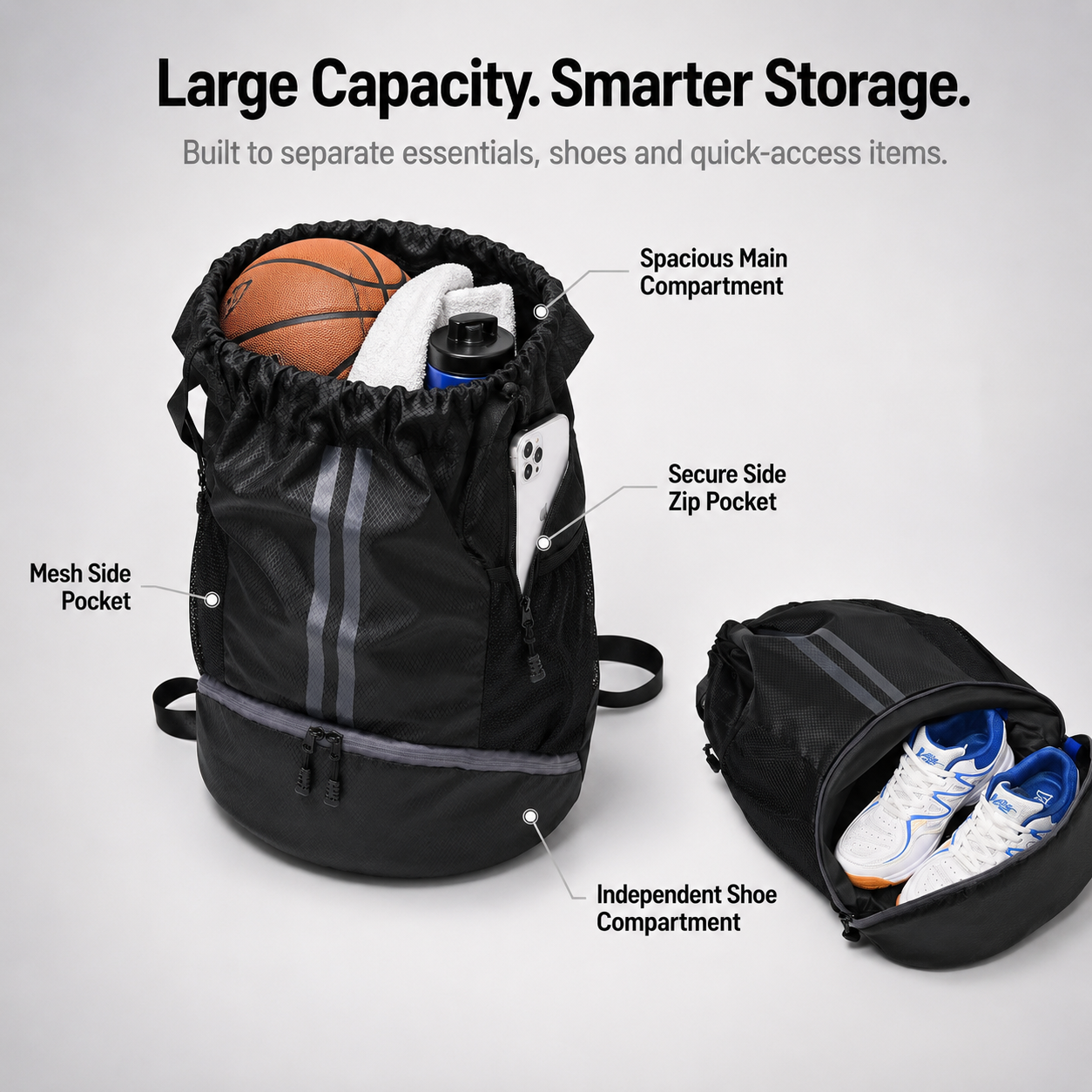 Lightweight Drawstring Gym Backpack with Separate Shoe Compartment