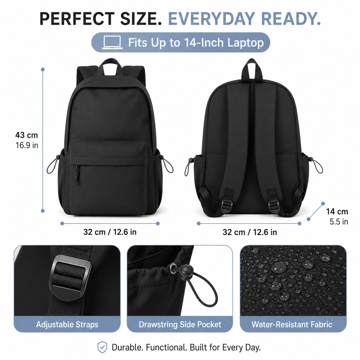 Lightweight 24L School Backpack with 14-Inch Laptop Sleeve