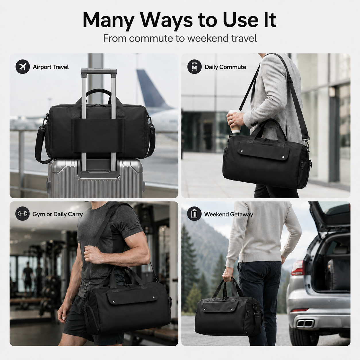 16L Compact Gym & Travel Duffle Bag with Shoe Compartment and Luggage Sleeve
