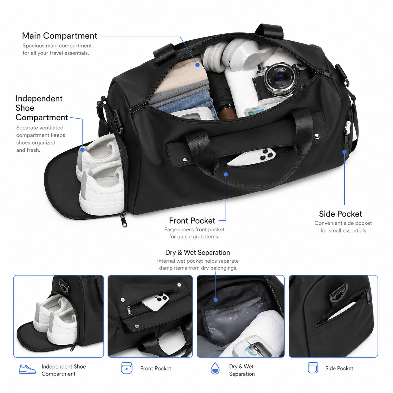 16L Compact Gym & Travel Duffle Bag with Shoe Compartment and Luggage Sleeve