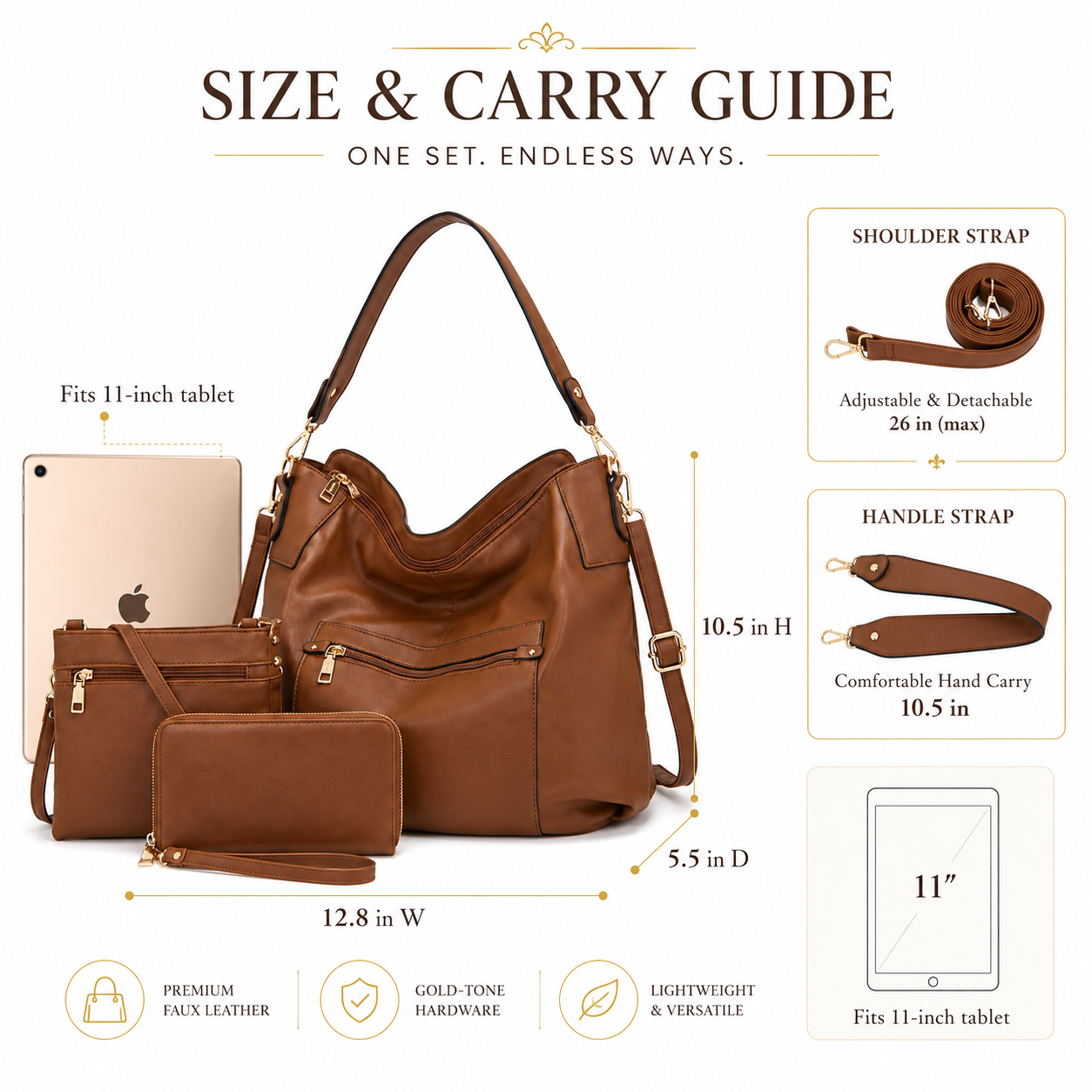Premium 3-Piece Brown Hobo Bag Set for Women – Shoulder Handbag, Crossbody Purse & RFID Wallet