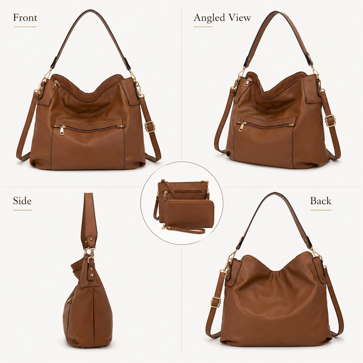 Premium 3-Piece Brown Hobo Bag Set for Women – Shoulder Handbag, Crossbody Purse & RFID Wallet