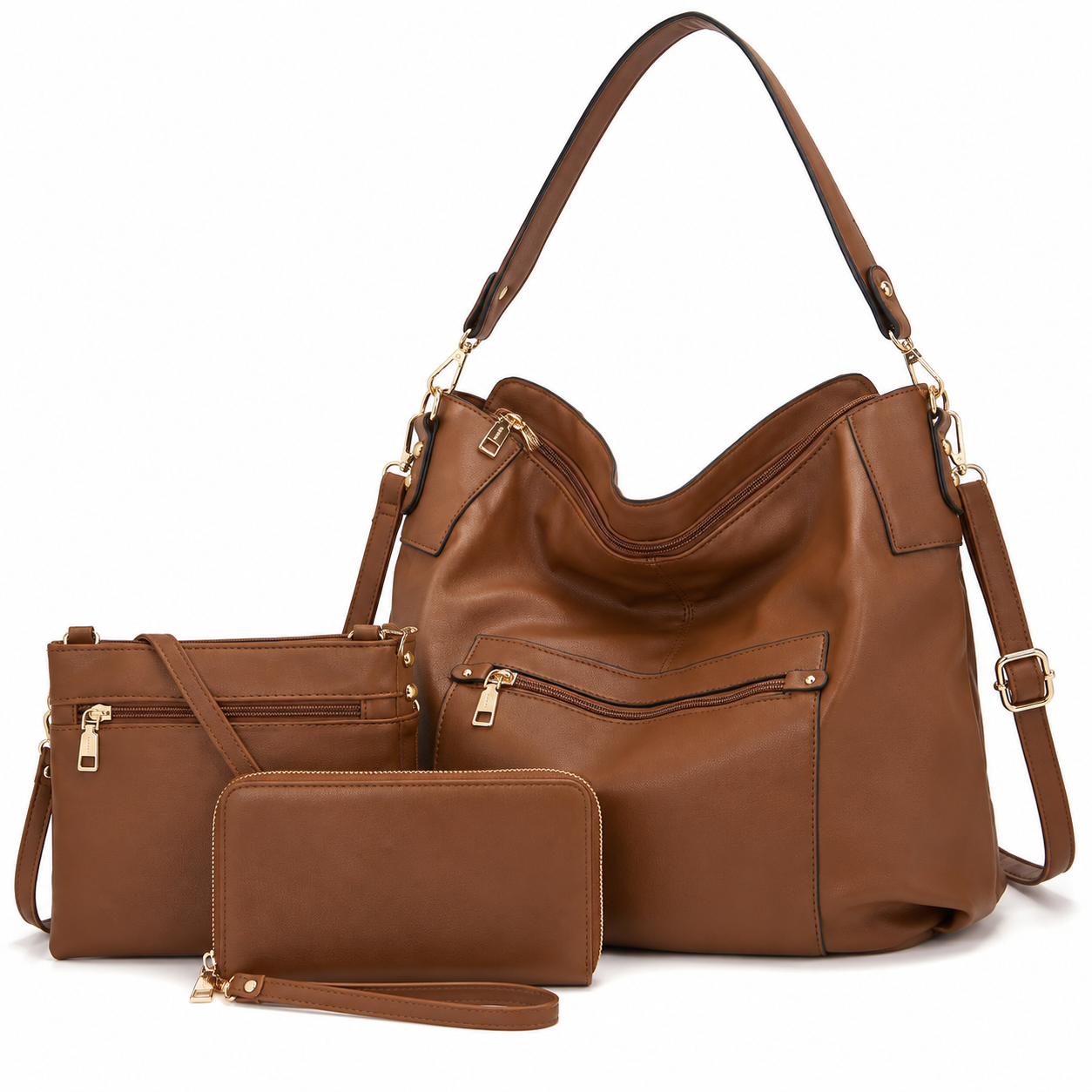 Premium 3-Piece Brown Hobo Bag Set for Women – Shoulder Handbag, Crossbody Purse & RFID Wallet