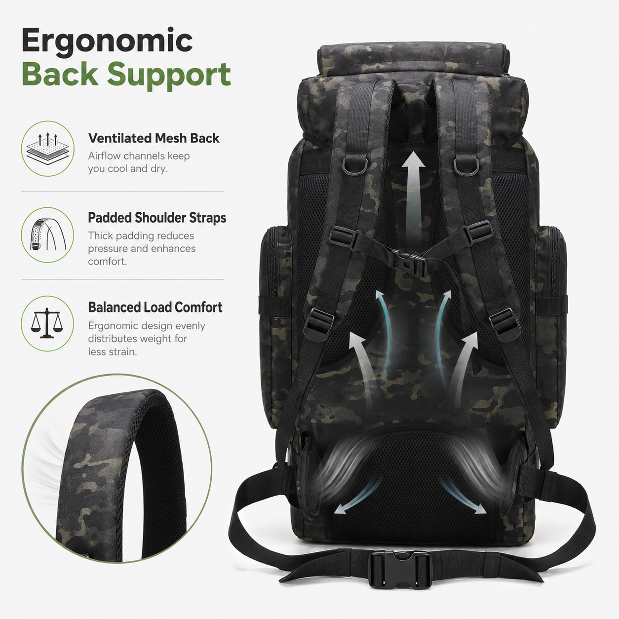 70L Tactical Hiking Backpack with Water-Repellent 900D Oxford Fabric