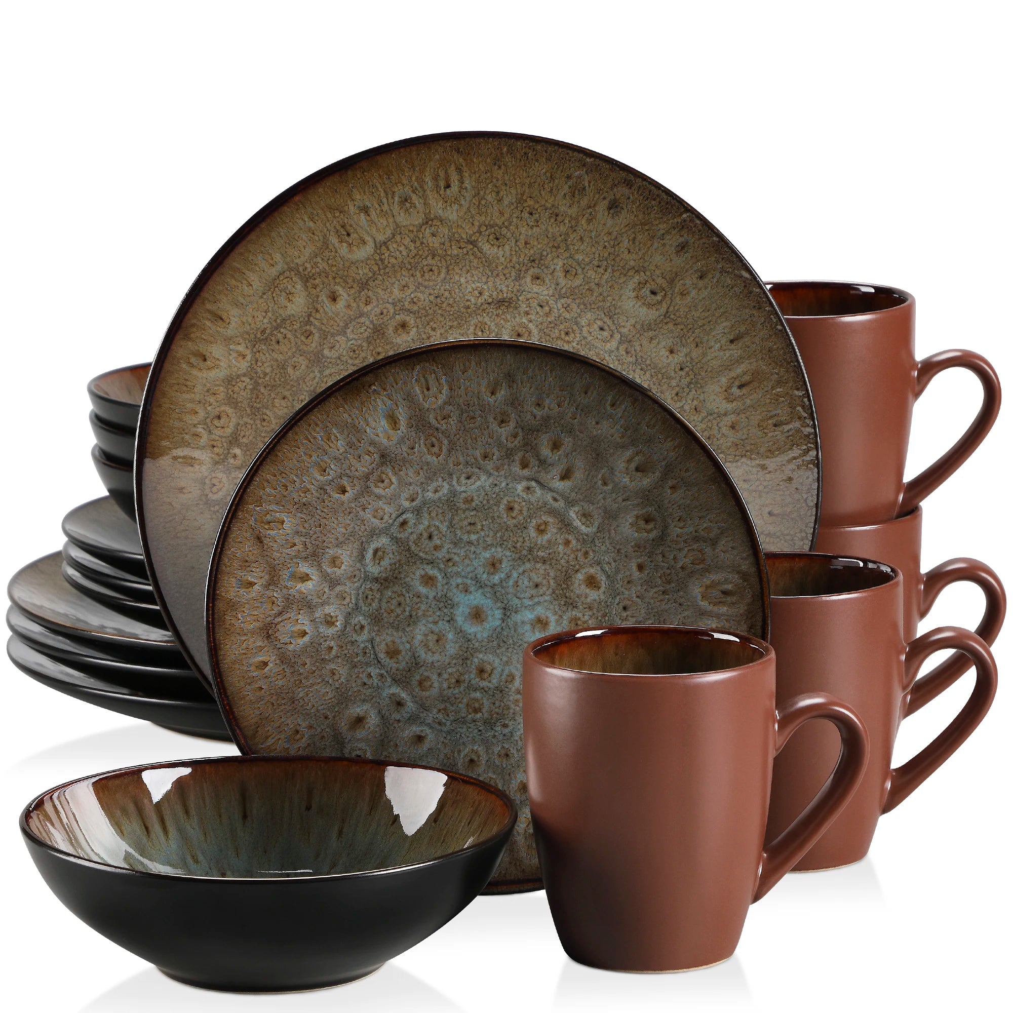 Vancasso Bubble 16/32/48-Piece Stoneware Tableware Set – Vintage Blue/Brown with Dinner Plates, Bowls & Coffee Cups