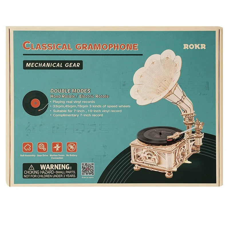 “Robotime Hand-Crank Classic Gramophone – 424PCS 3D Wooden Puzzle Music Model Kit for Adults & Kids”