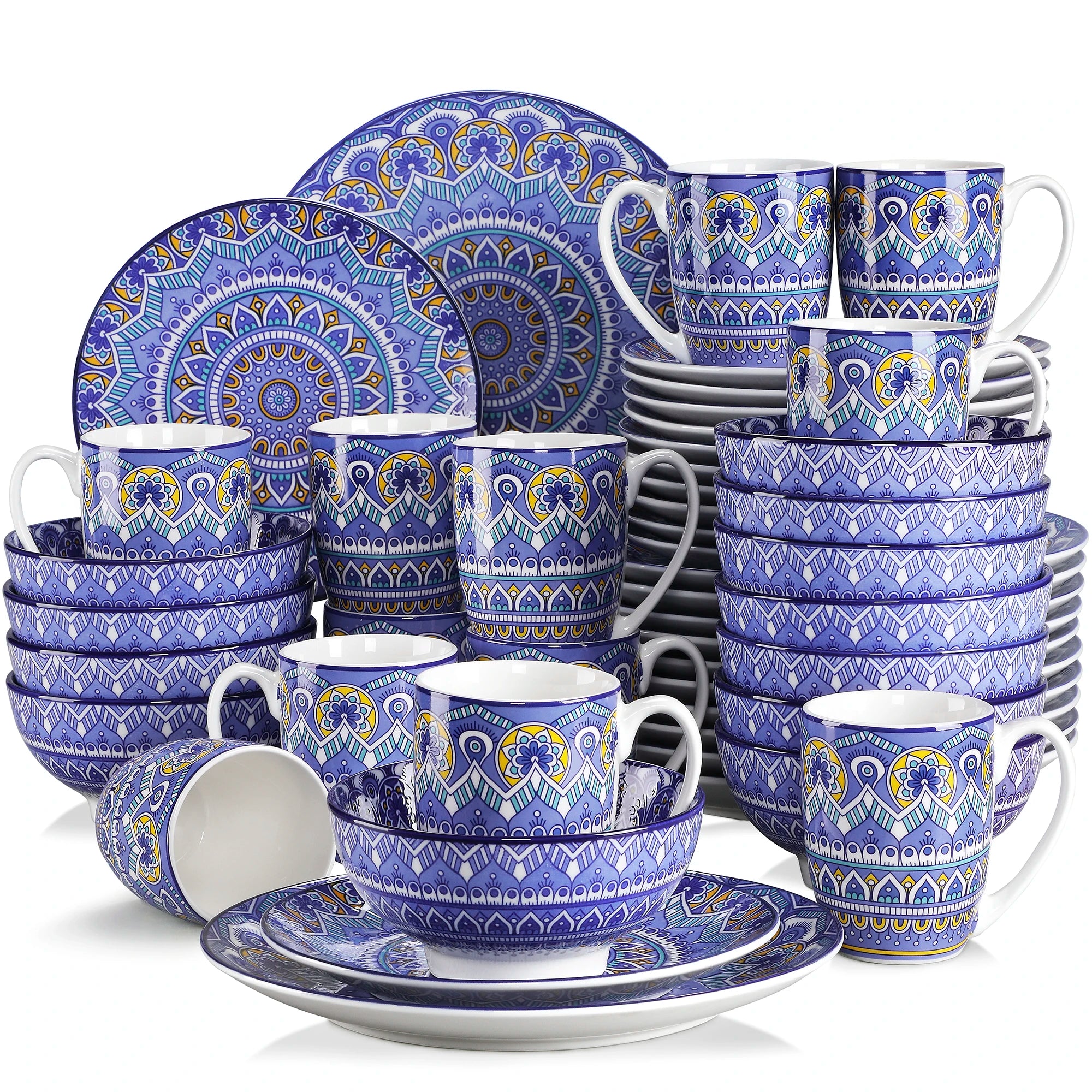 Vancasso Mandala 16/32/48-Piece Porcelain Dinnerware Set – Bohemian Mandala Pattern with Plates, Bowls & Mugs