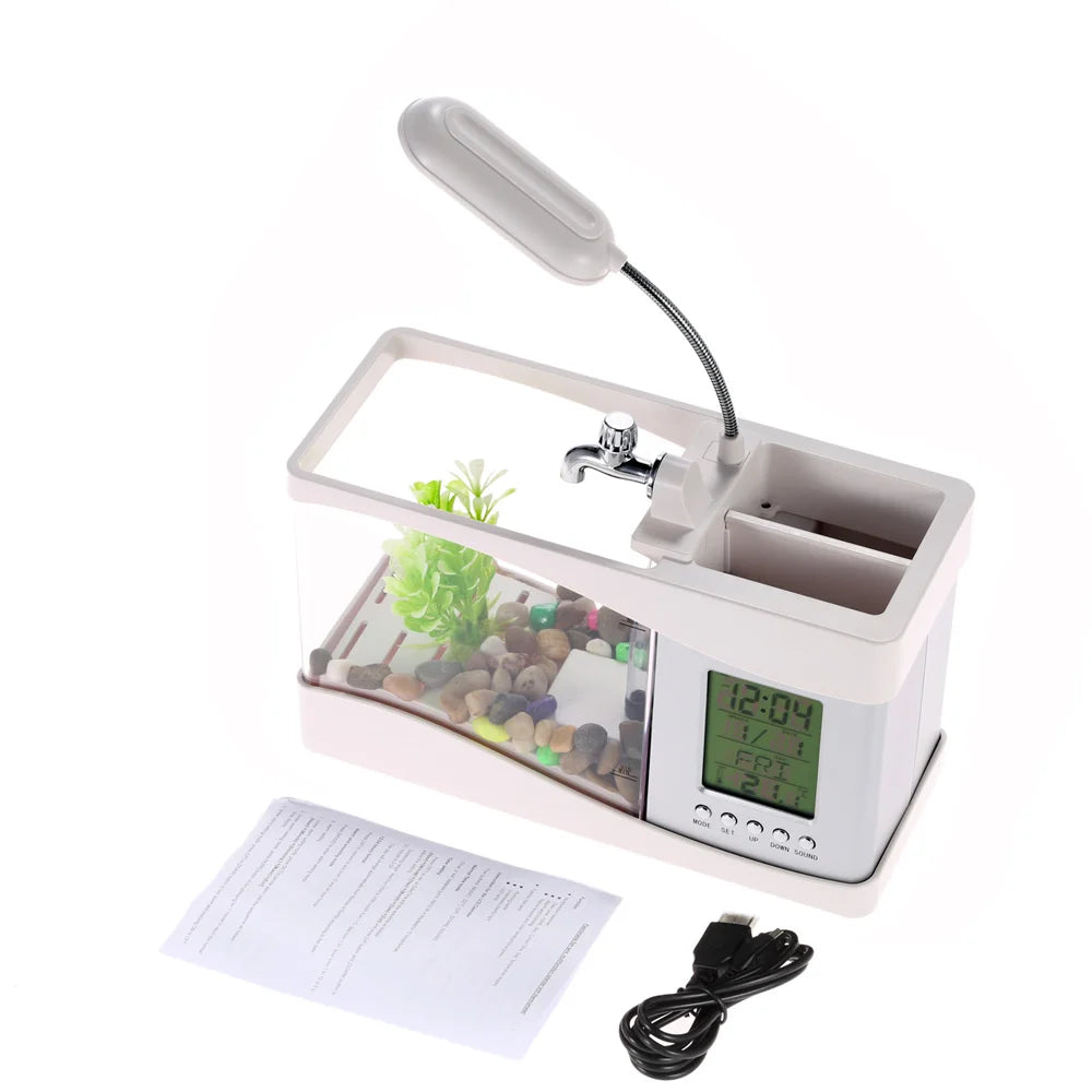 LED Mini Self-Cleaning Desktop Aquarium – Compact Fish Tank with Clock & Display Screen for Home/Office