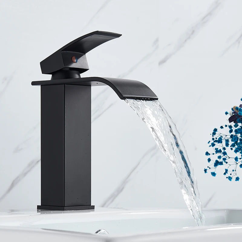 Matte Black Waterfall Basin Faucet – Deck‐Mounted Single Lever Brass Mixer Tap