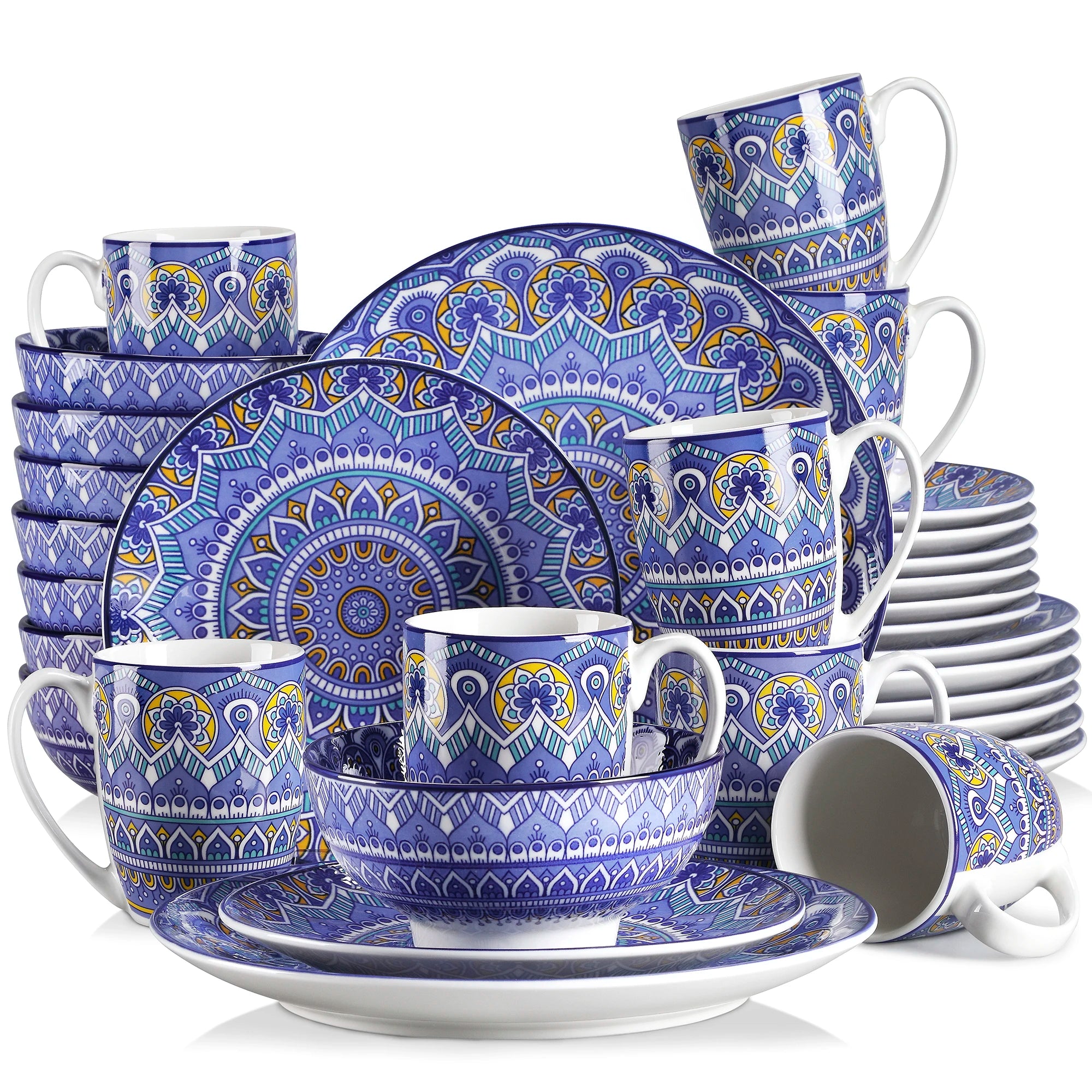 Vancasso Mandala 16/32/48-Piece Porcelain Dinnerware Set – Bohemian Mandala Pattern with Plates, Bowls & Mugs