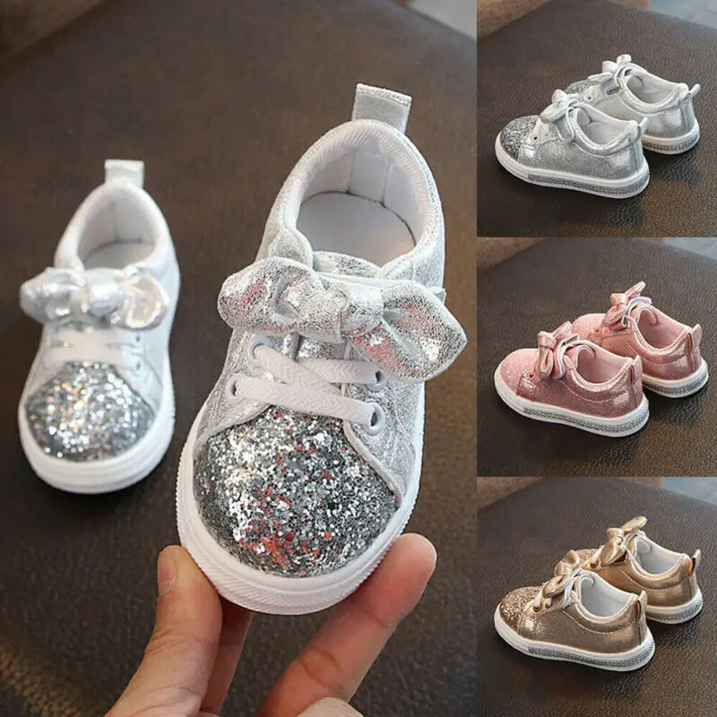 Lioraitiin Girls’ Soft Sole Sports Sneakers – Casual Kids’ Shoes with Sequins, Shiny Design & Cute Bowknot Accent