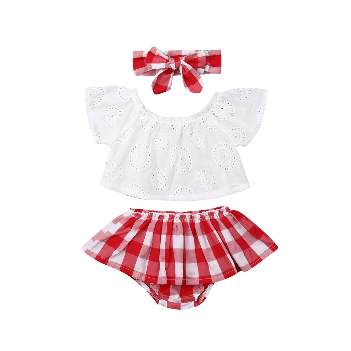 Lioraitiin 3-Piece Newborn Baby Girl Outfit – Off-Shoulder Lace Top, Red Plaid Shorts & Matching Headband (0–24M)