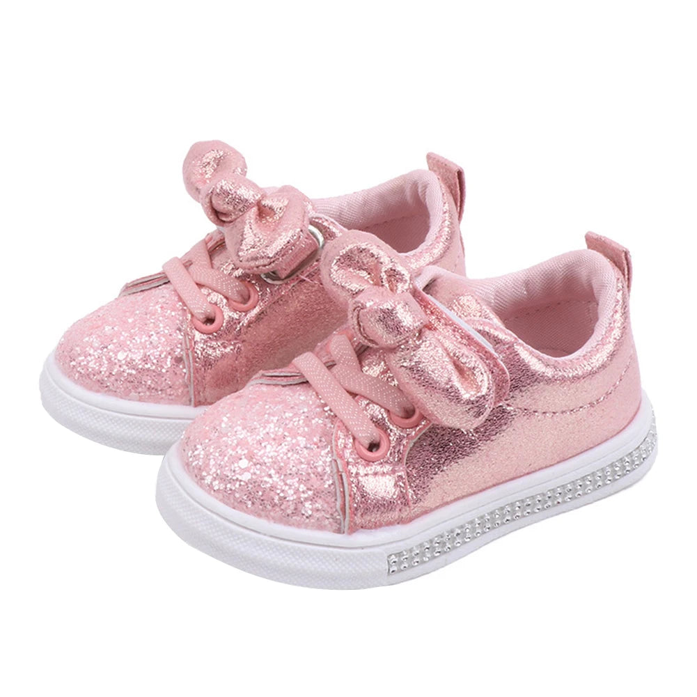 Lioraitiin Girls’ Soft Sole Sports Sneakers – Casual Kids’ Shoes with Sequins, Shiny Design & Cute Bowknot Accent
