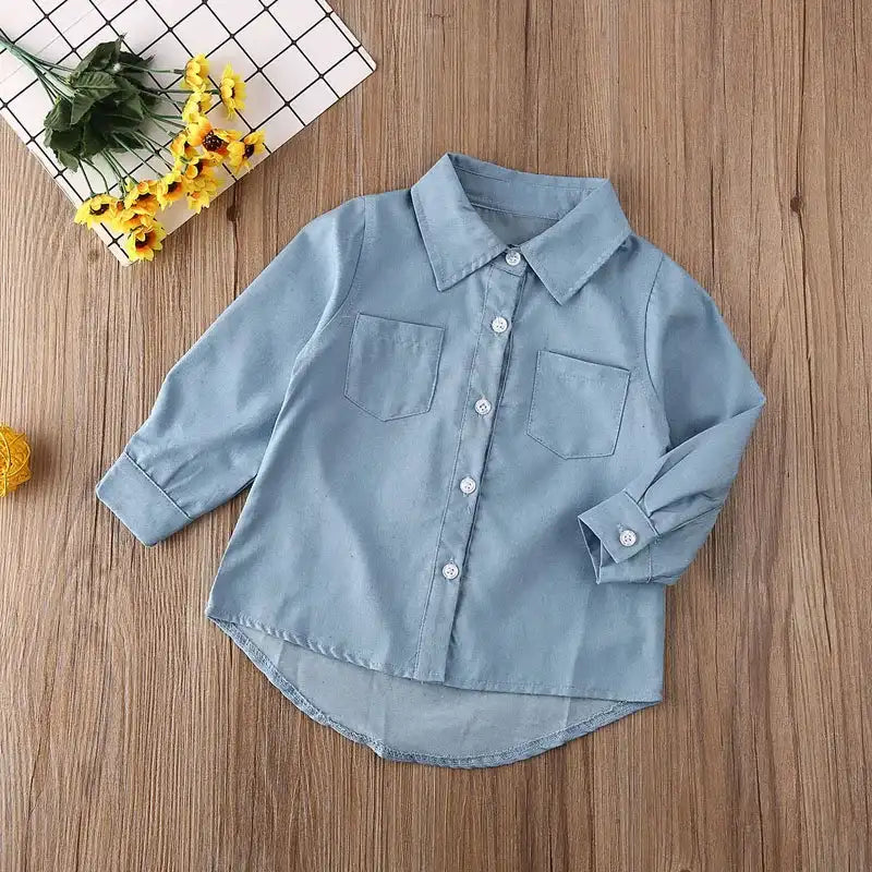 Toddler Girls’ Autumn Denim Shirt Jacket – Long Sleeve Letter Print Casual Top