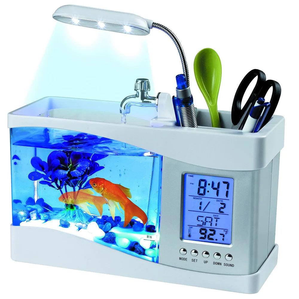 LED Mini Self-Cleaning Desktop Aquarium – Compact Fish Tank with Clock & Display Screen for Home/Office