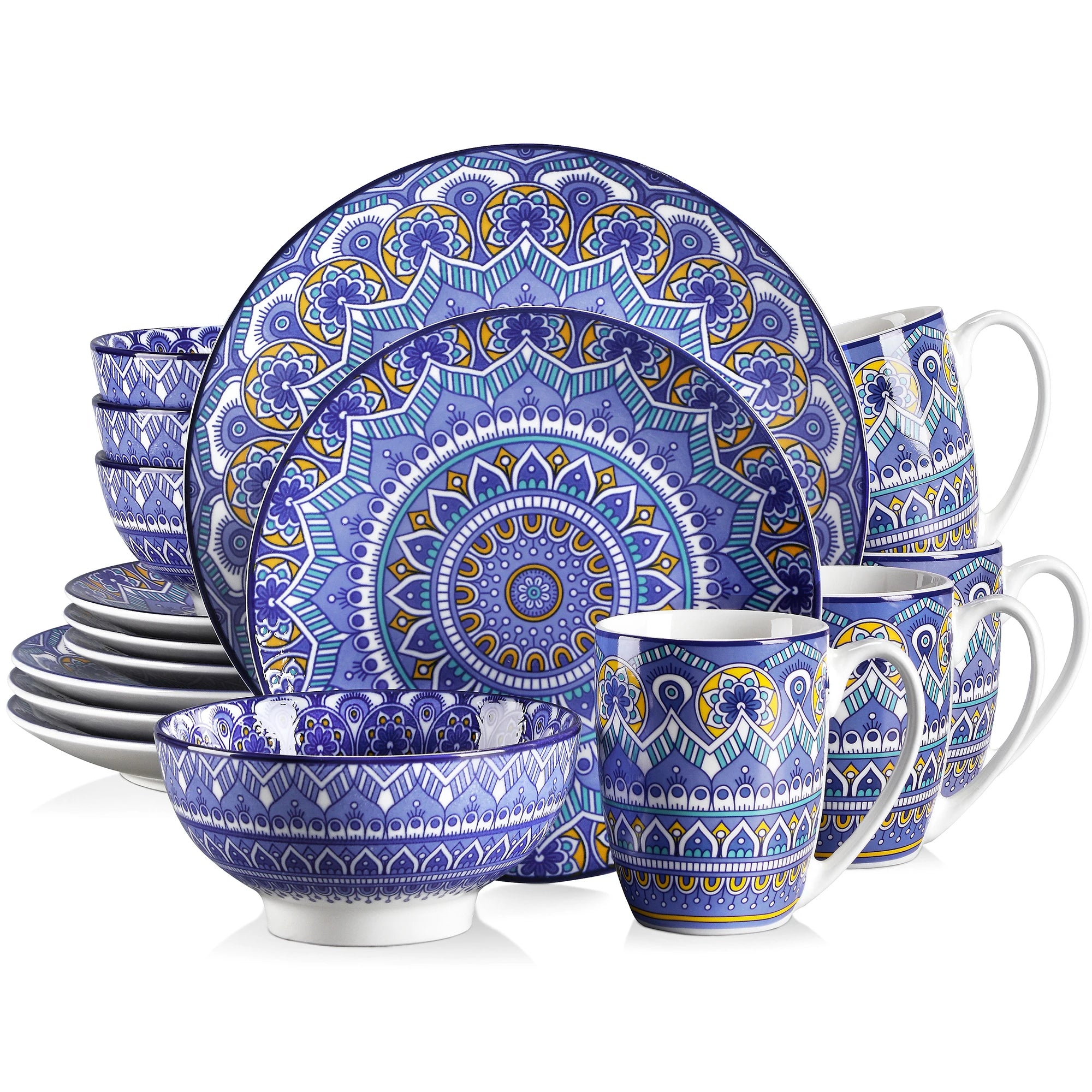 Vancasso Mandala 16/32/48-Piece Porcelain Dinnerware Set – Bohemian Mandala Pattern with Plates, Bowls & Mugs