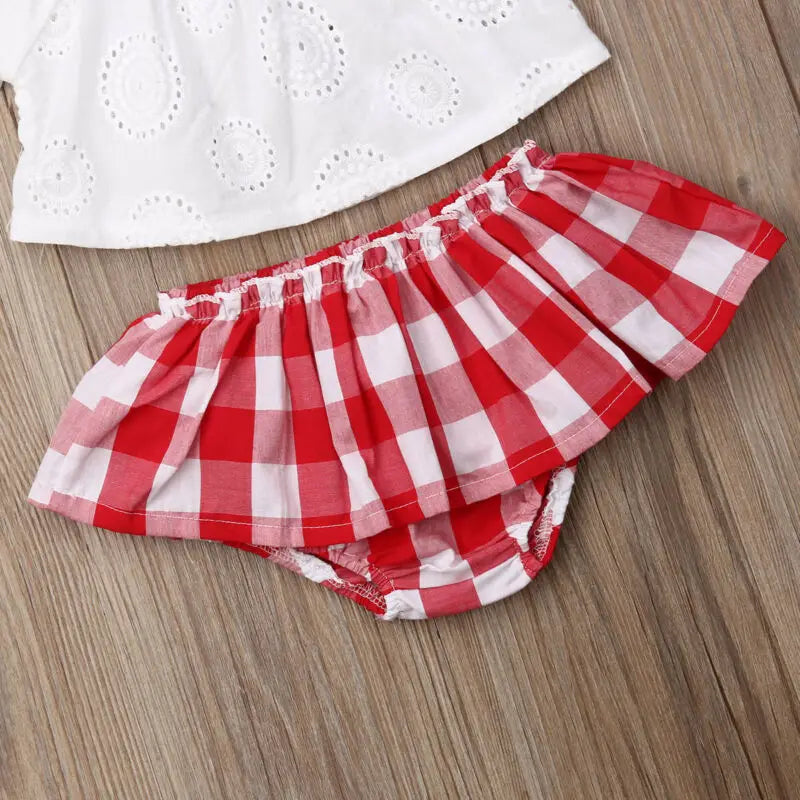 Lioraitiin 3-Piece Newborn Baby Girl Outfit – Off-Shoulder Lace Top, Red Plaid Shorts & Matching Headband (0–24M)