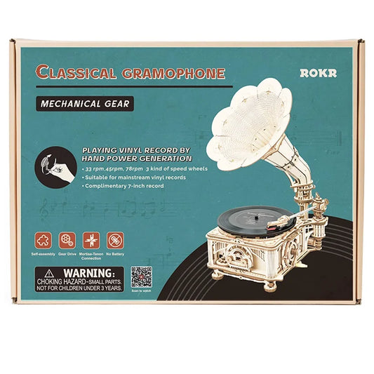 “Robotime Hand-Crank Classic Gramophone – 424PCS 3D Wooden Puzzle Music Model Kit for Adults & Kids”