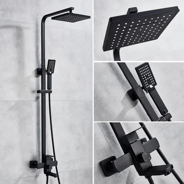 Modern Matte Black Square Rainfall Shower Faucet Set – Wall-Mounted, Single-Handle Mixer, High-Flow 8″ Shower Head