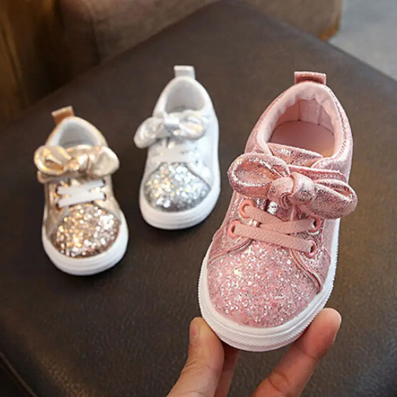 Lioraitiin Girls’ Soft Sole Sports Sneakers – Casual Kids’ Shoes with Sequins, Shiny Design & Cute Bowknot Accent